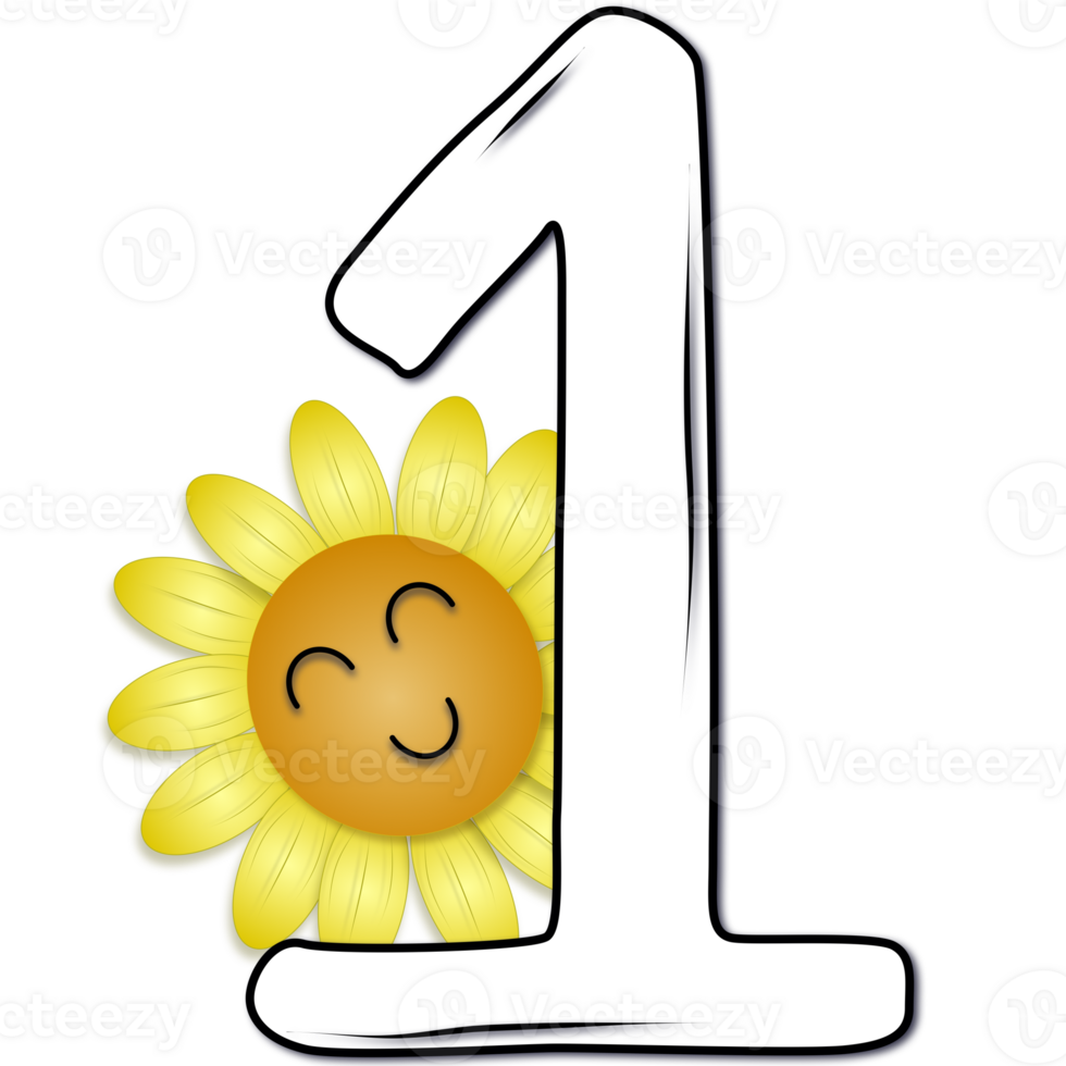 mano disegnato numero uno decorato con sorridente girasole png