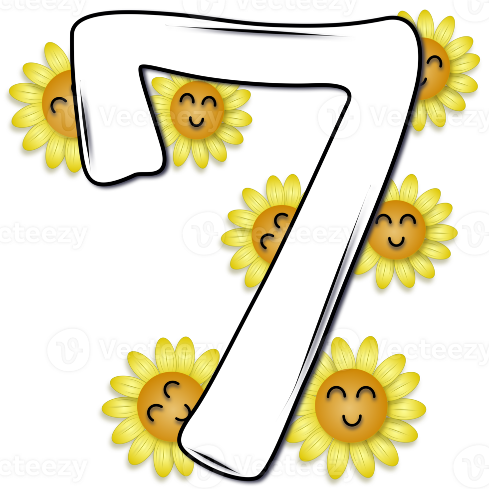 Hand drawn number seven decorated with smiling sunflower png