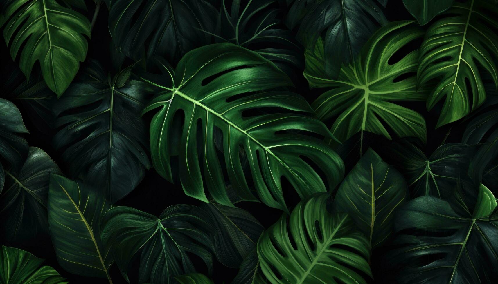 AI generated green tropical leaves in black background with dark background photo