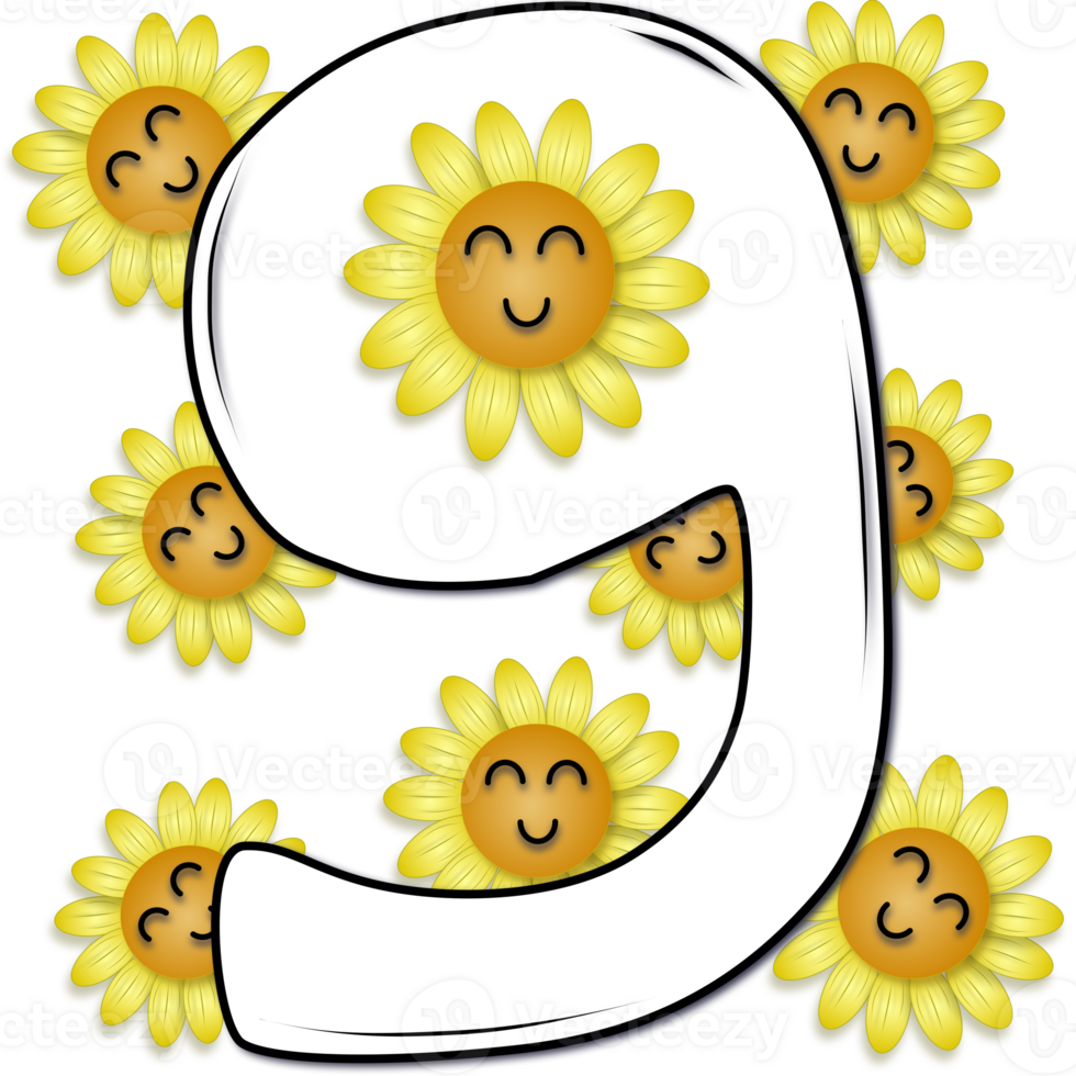 Hand drawn number nine decorated with smiling sunflower png