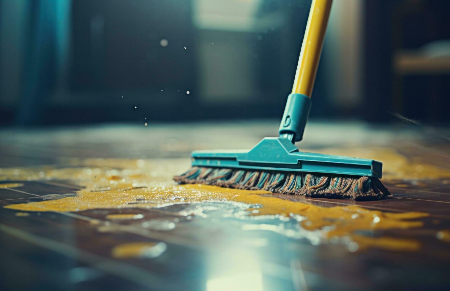 AI generated house cleaning in city with blue mop on top of glass photo