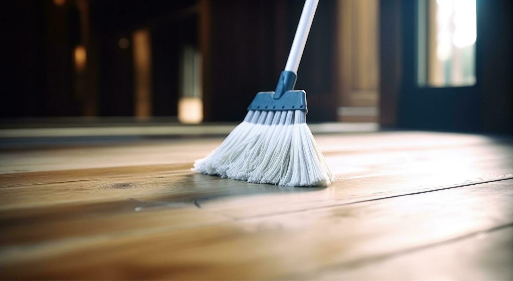 AI generated brooming a hardwood floor with white broom photo