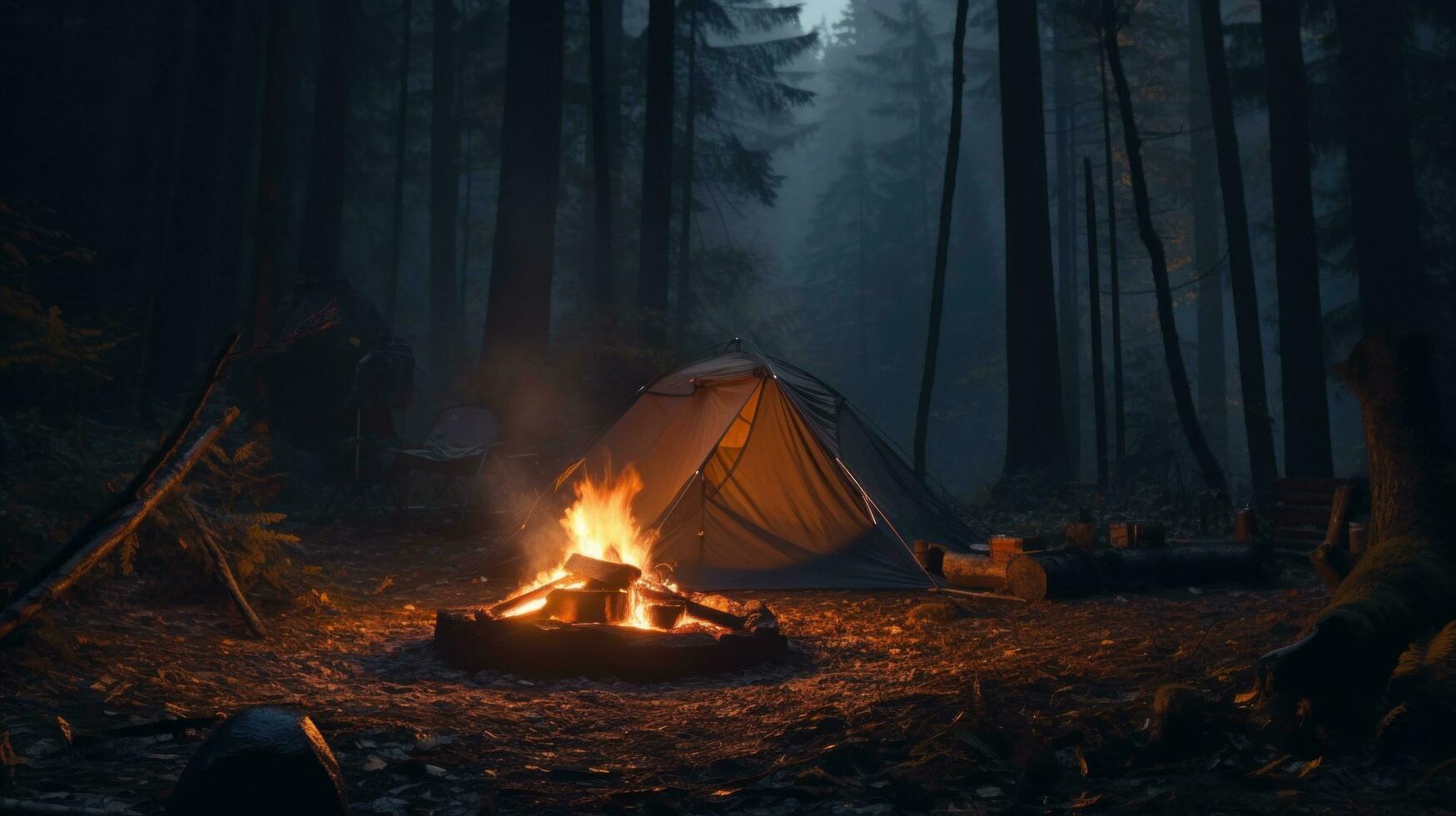 ai generado un tienda en el bosque con fuego y leña foto