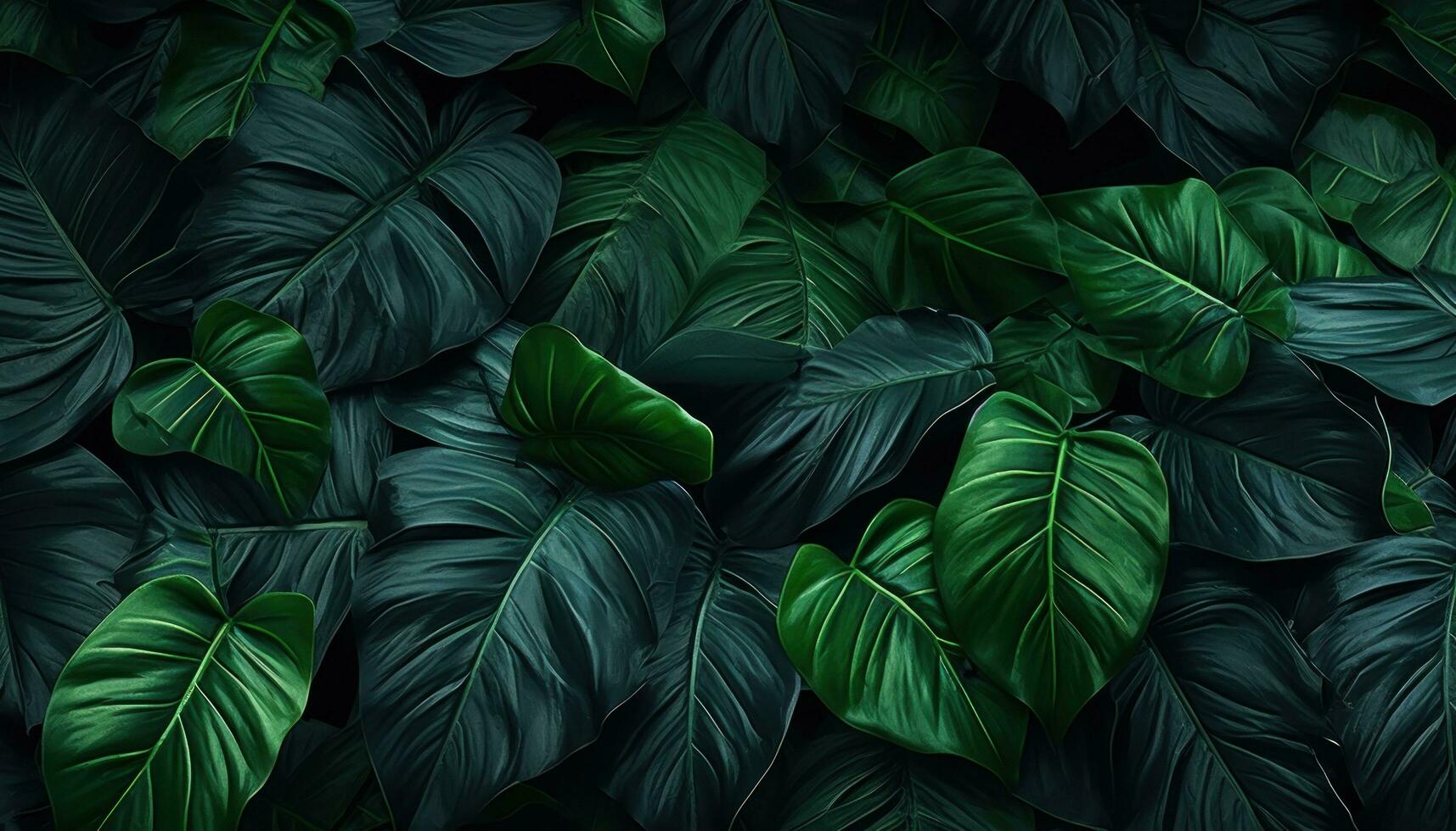 AI generated green tropical leaves in black background with dark background photo