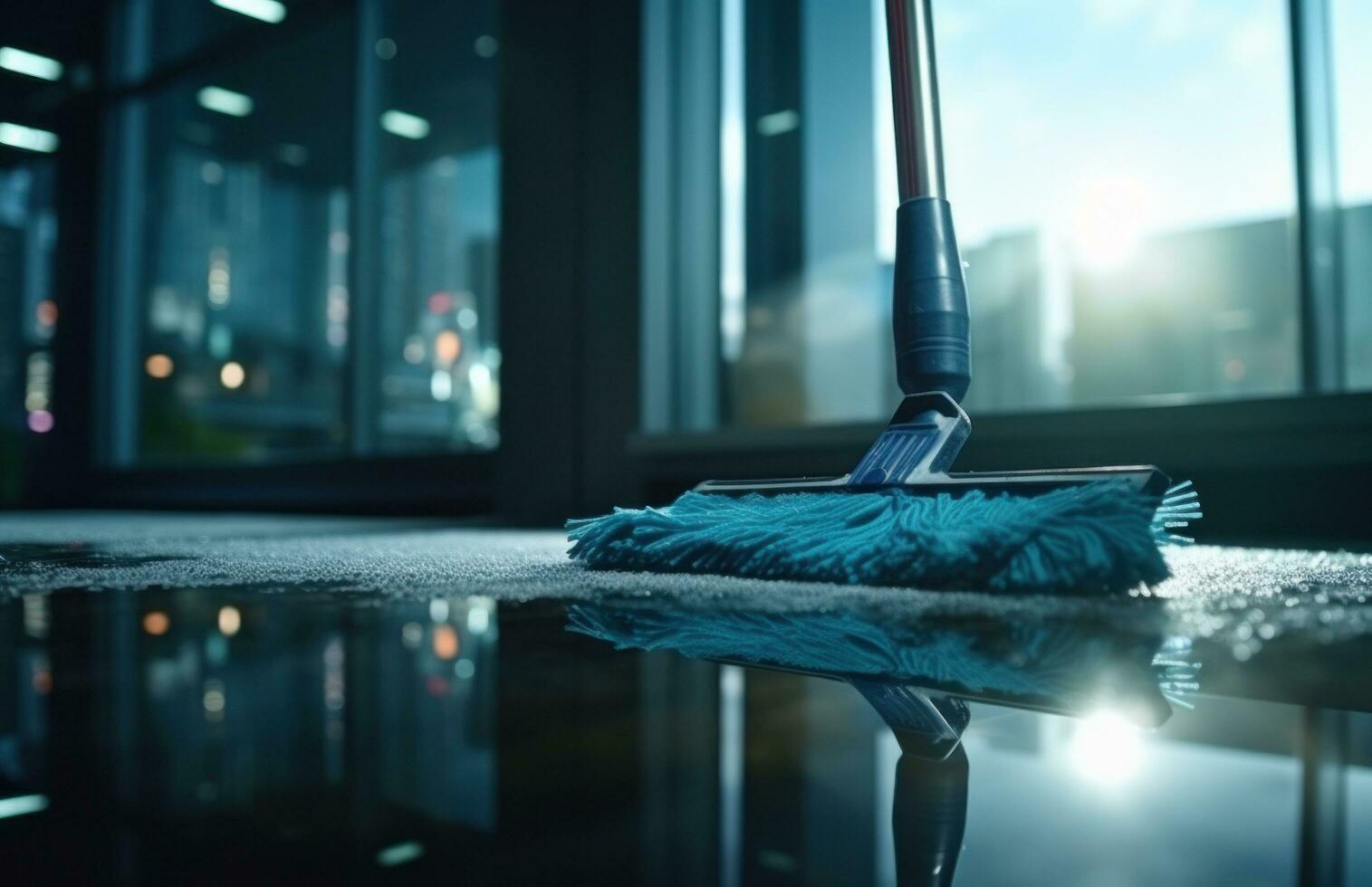 AI generated house cleaning in city with blue mop on top of glass photo