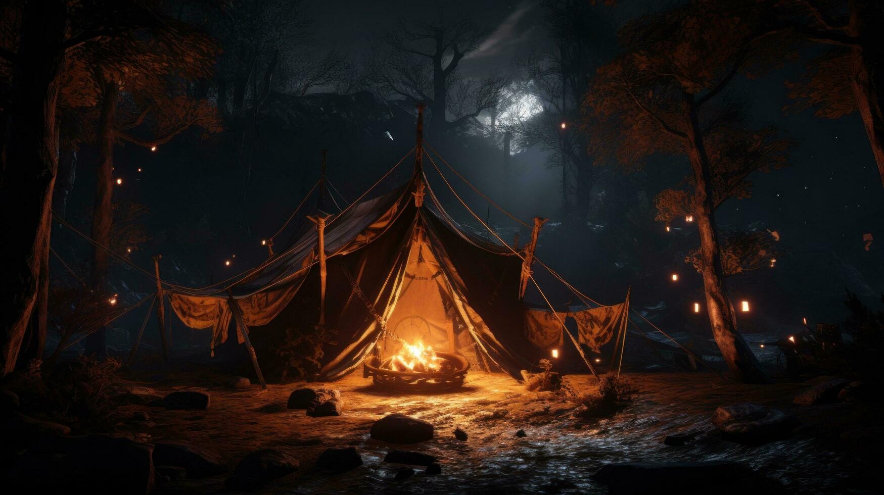AI generated a glowing tent is set up in the woods at night with an iron ring photo