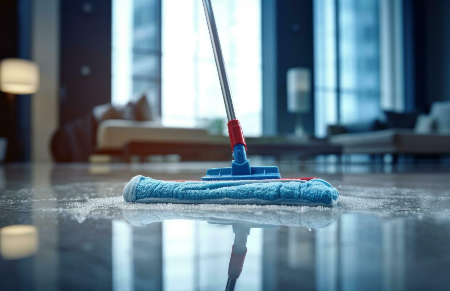 AI generated house cleaning in city with blue mop on top of glass photo