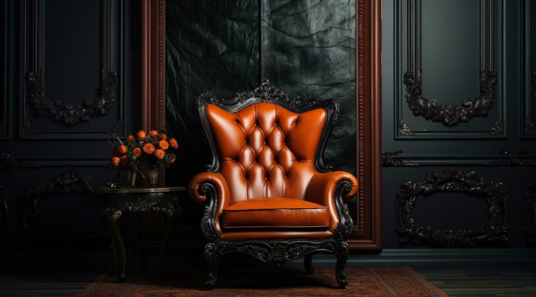 AI generated an orange leather chair and an orange frame near shabby chic wallpaper photo