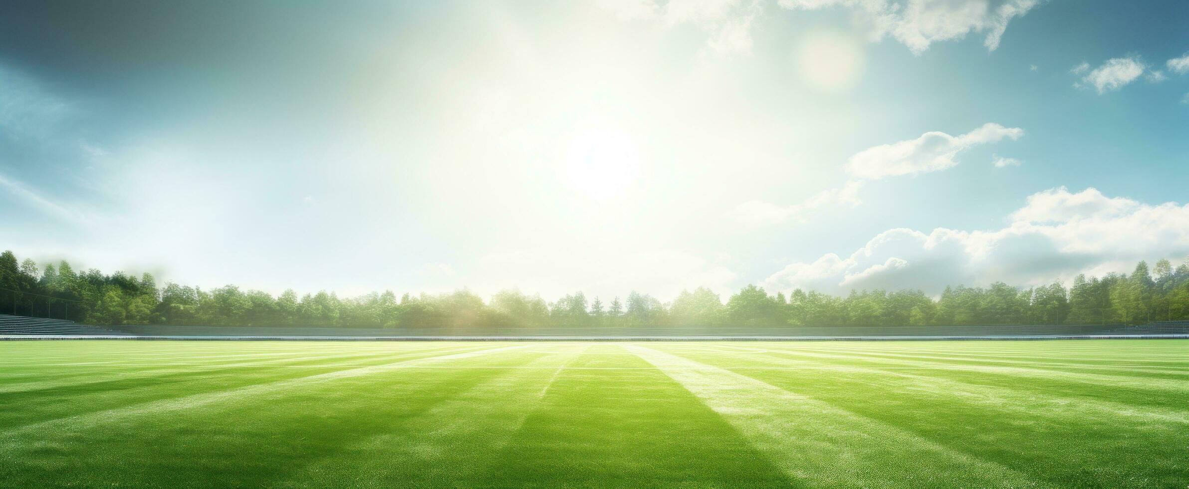 AI generated green soccer field with sun shining through on yellow grass photo