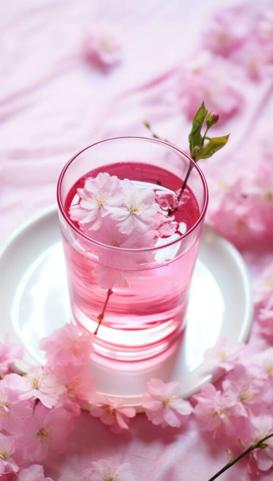 AI generated a cup of pink tea with flowers in it photo