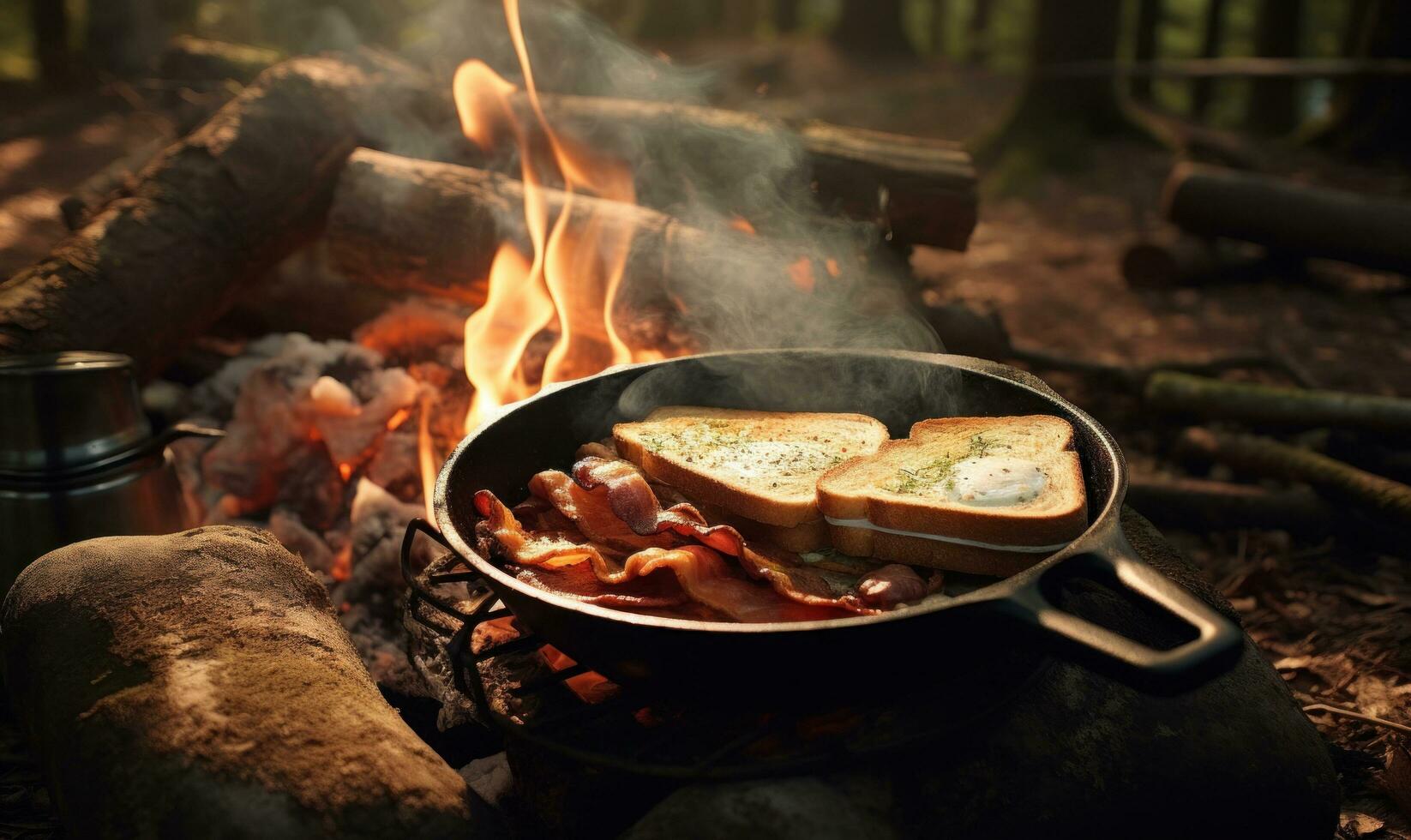 AI generated a pan with bacon in the food and some bread on it photo