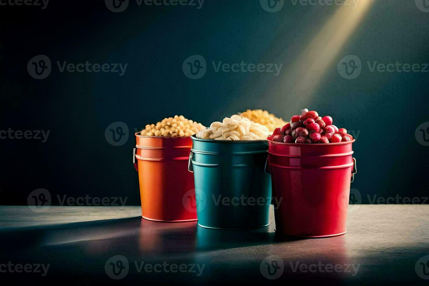 AI generated three buckets of popcorn, cranberries and nuts on a dark table photo