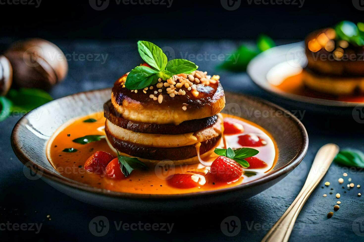 AI generated a plate of food with a stack of pancakes photo