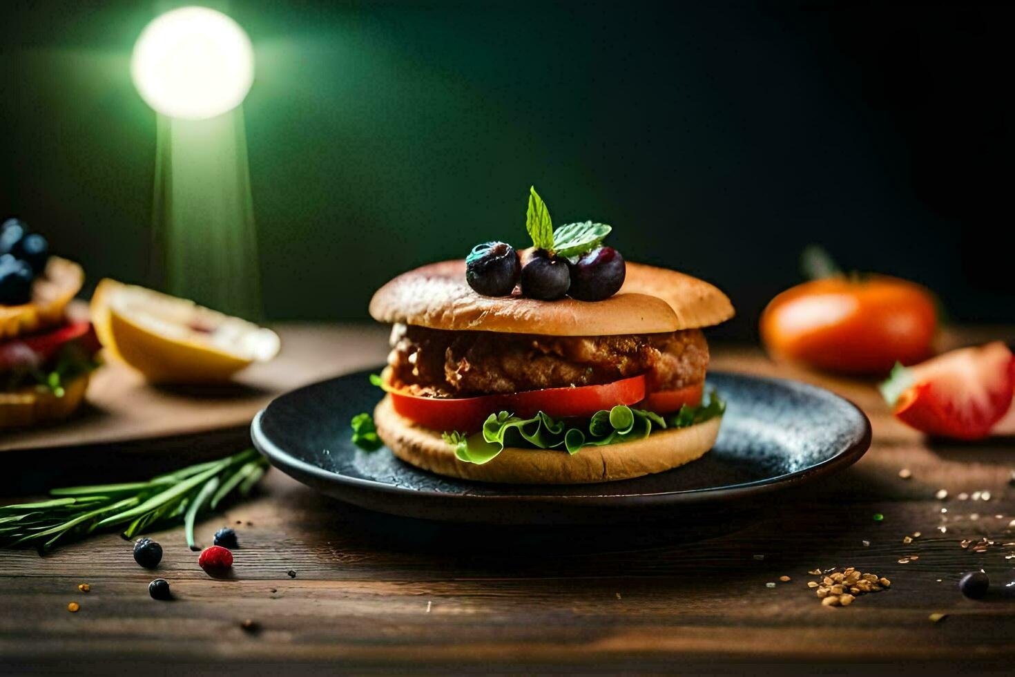 a hamburger with tomatoes and lettuce on a black plate. AI-Generated photo