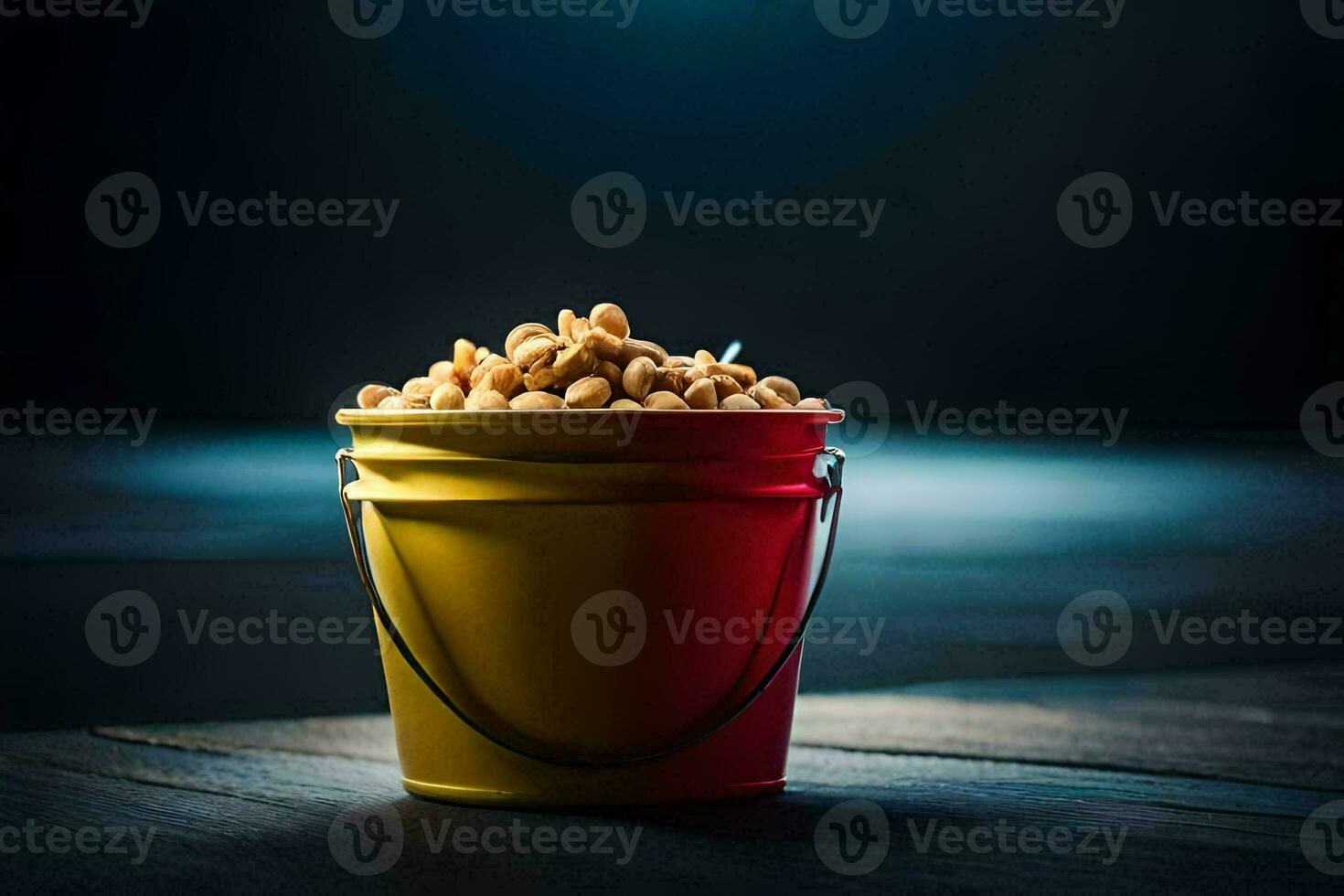 AI generated a bucket of peanuts on a wooden table photo