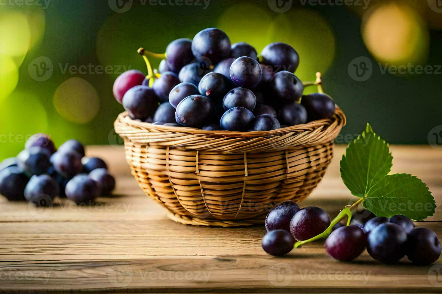 AI generated grapes in a basket on a wooden table photo