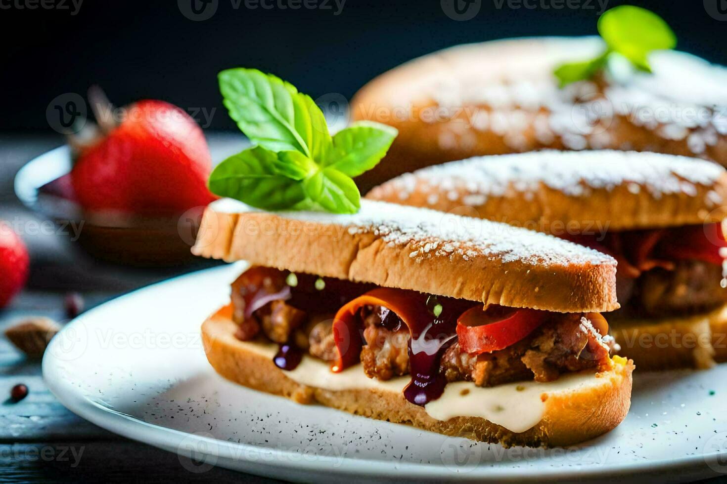 ai generado dos emparedados con carne y queso en un blanco plato foto