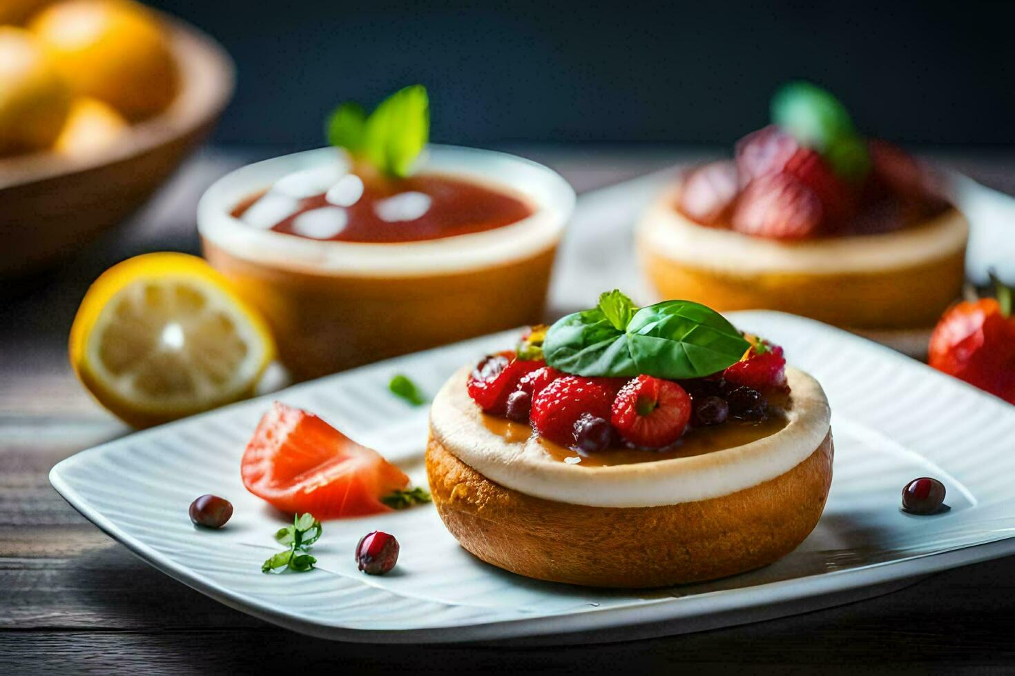 pequeño pasteles con bayas y limón en un lámina. generado por ai foto