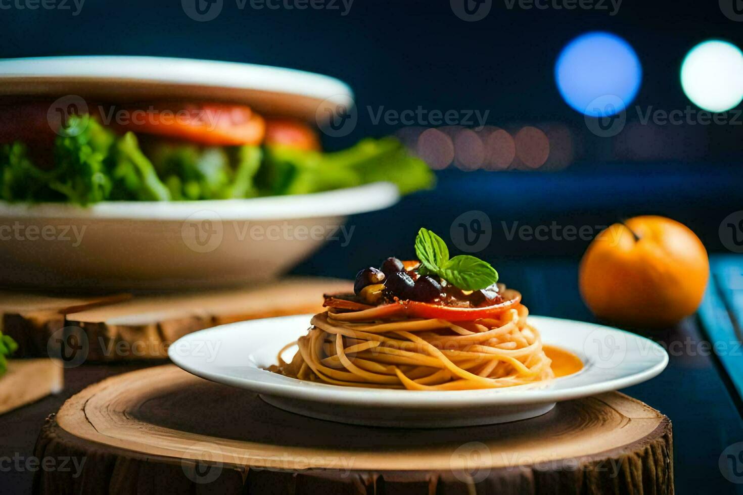 AI generated spaghetti with tomato and basil on a plate photo