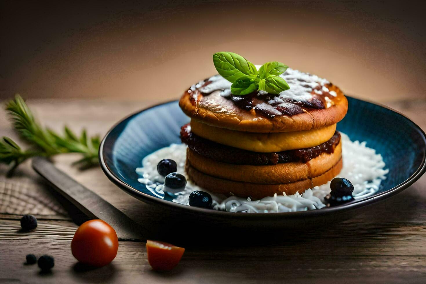a stack of pancakes on a plate with berries and mint. AI-Generated photo