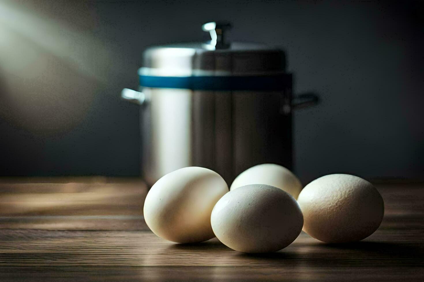 four eggs sit on a table next to a pot. AI-Generated photo