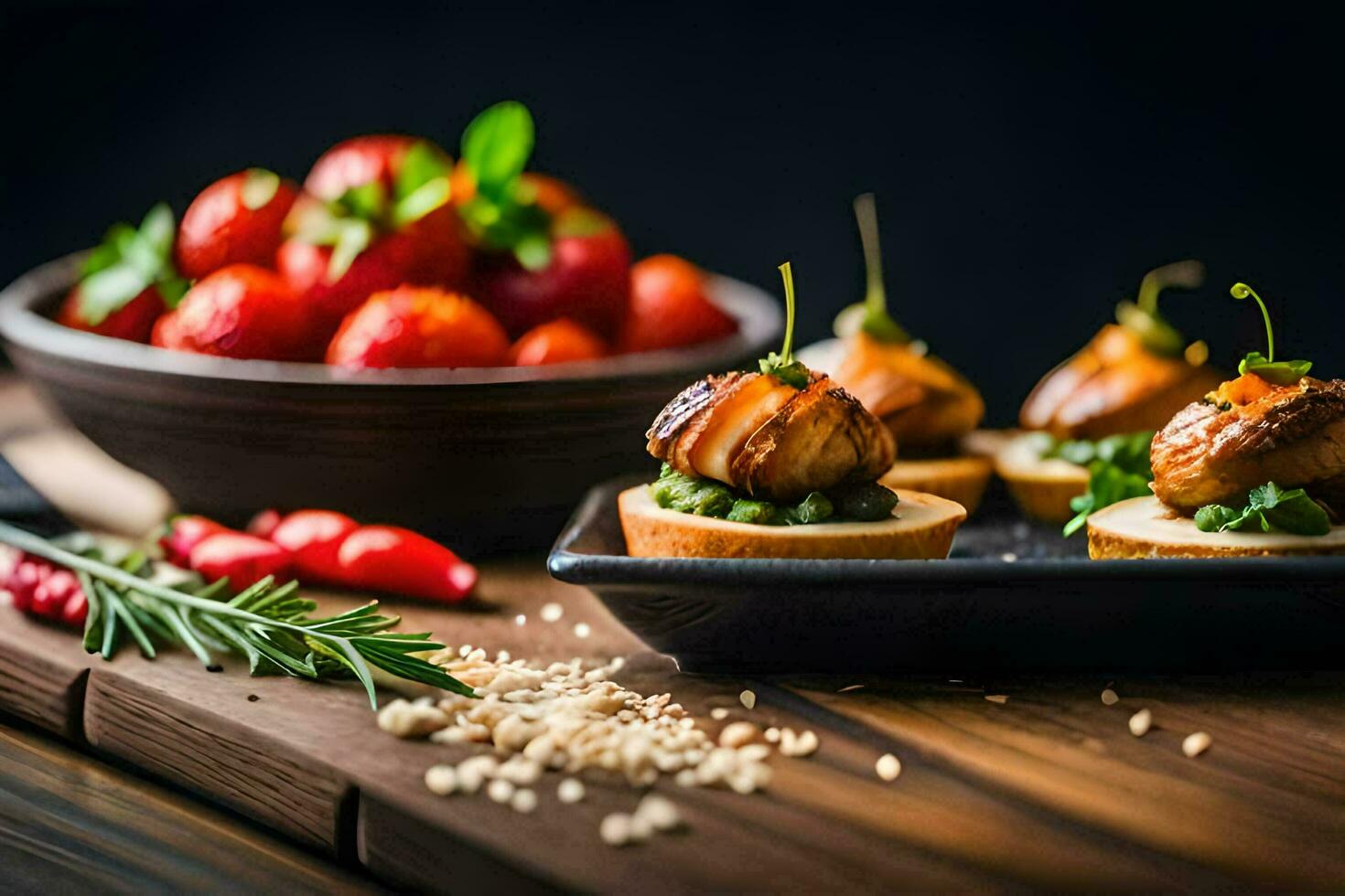 pequeño aperitivos en un de madera mesa. generado por ai foto