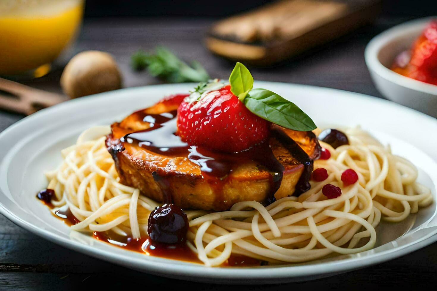 a plate of spaghetti with a strawberry on top. AI-Generated photo