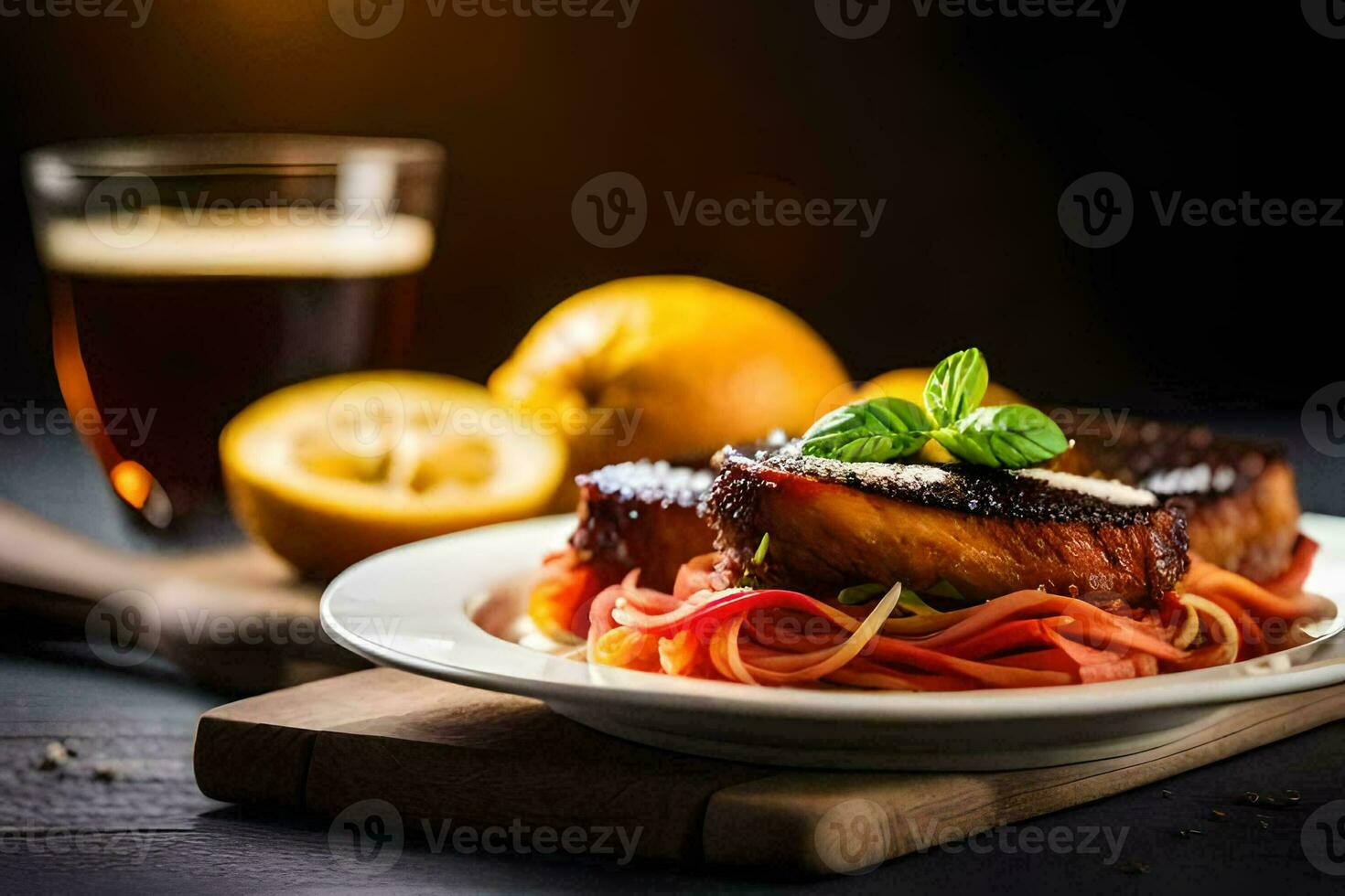 AI generated a plate of food with pasta and meat on it photo
