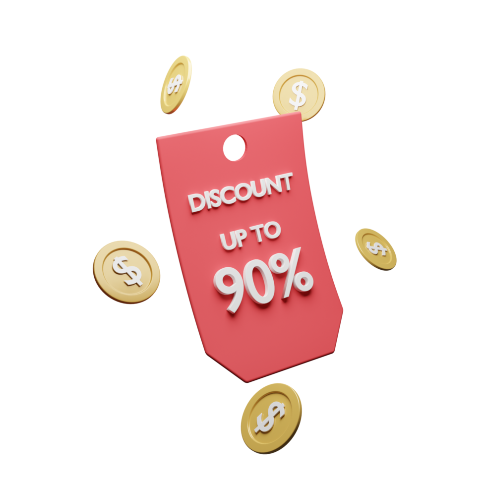 3d rendered promotional discount up to 90 percent tag illustration with coins on isolated background. Suitable for sales promotional events png