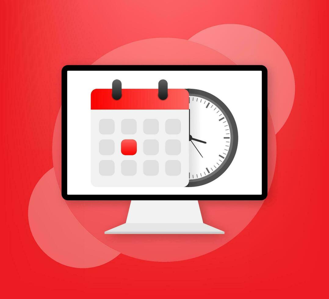 Vector Calendar and Clock Icon on red background. Vector illustration.