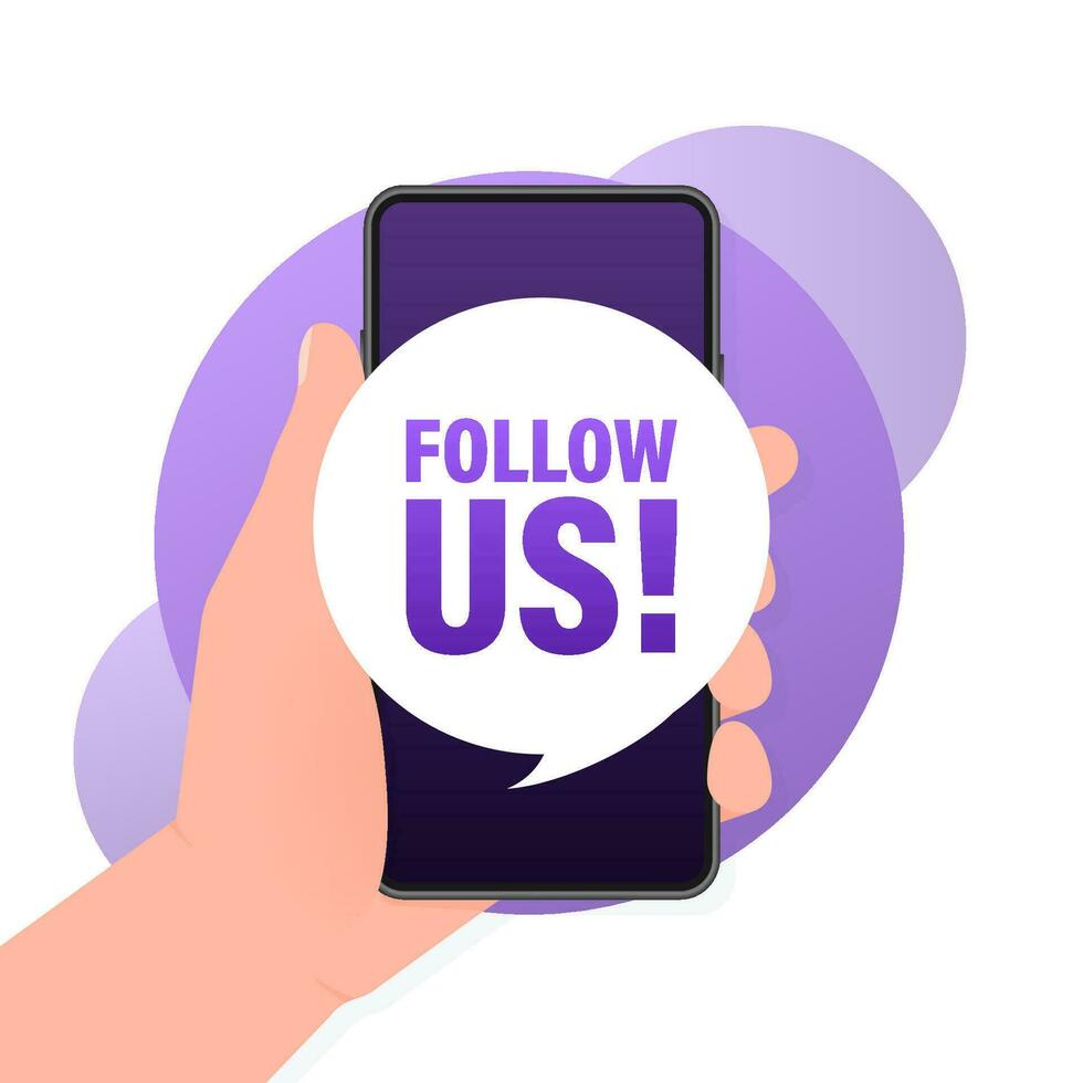 Follow us smartphone banner in 3D style on white background. Vector illustration.