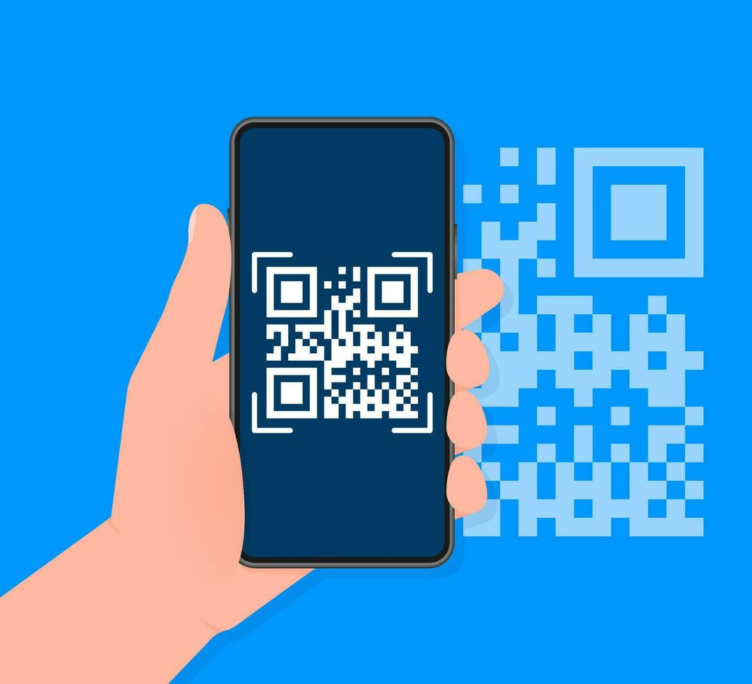 mano sostiene teléfono con escanear qr código a pagar en pantalla. teléfono en azul antecedentes. vector ilustración.