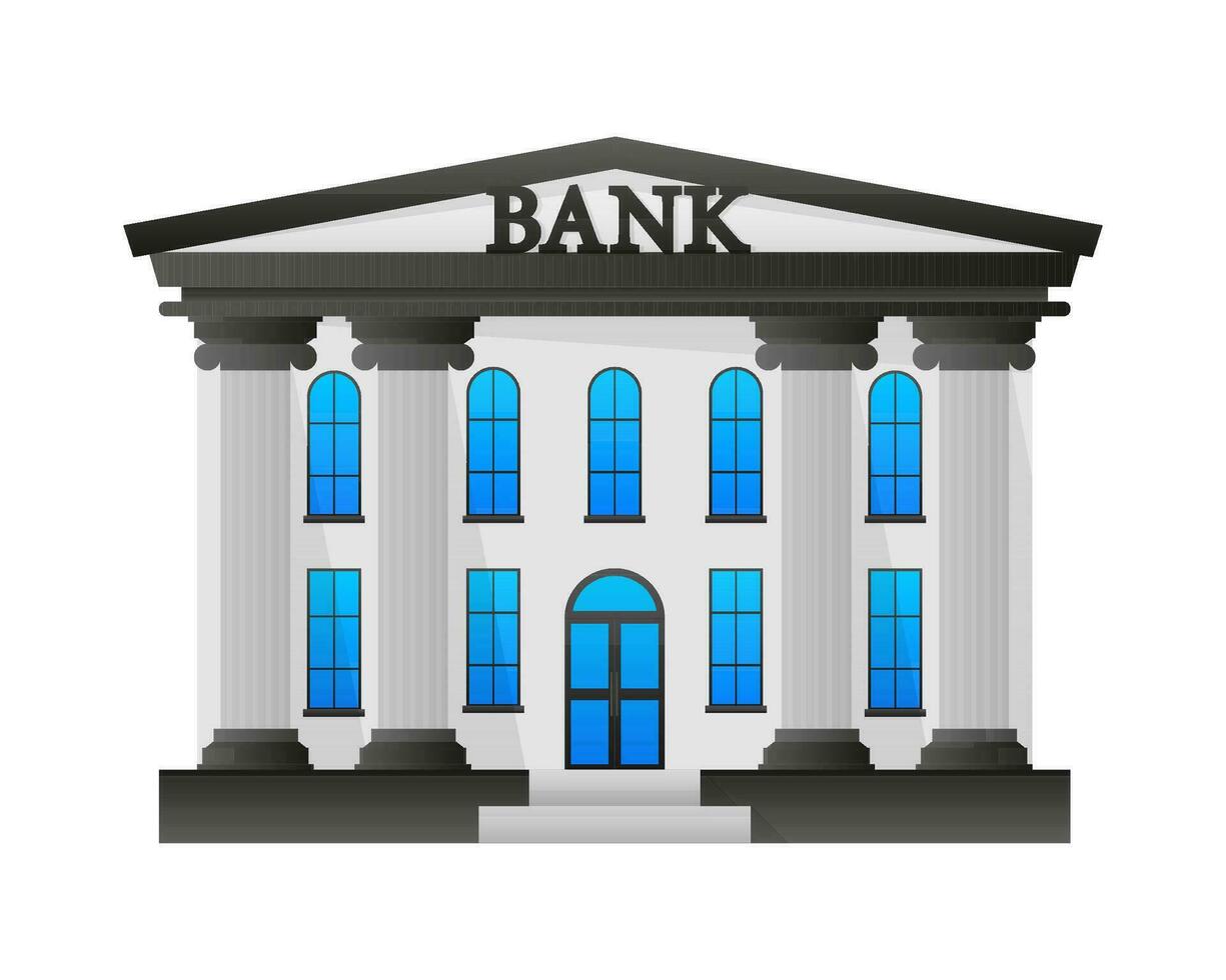 Bank building. Online banking. Money exchange, financial services, ATM. Vector stock illustration.