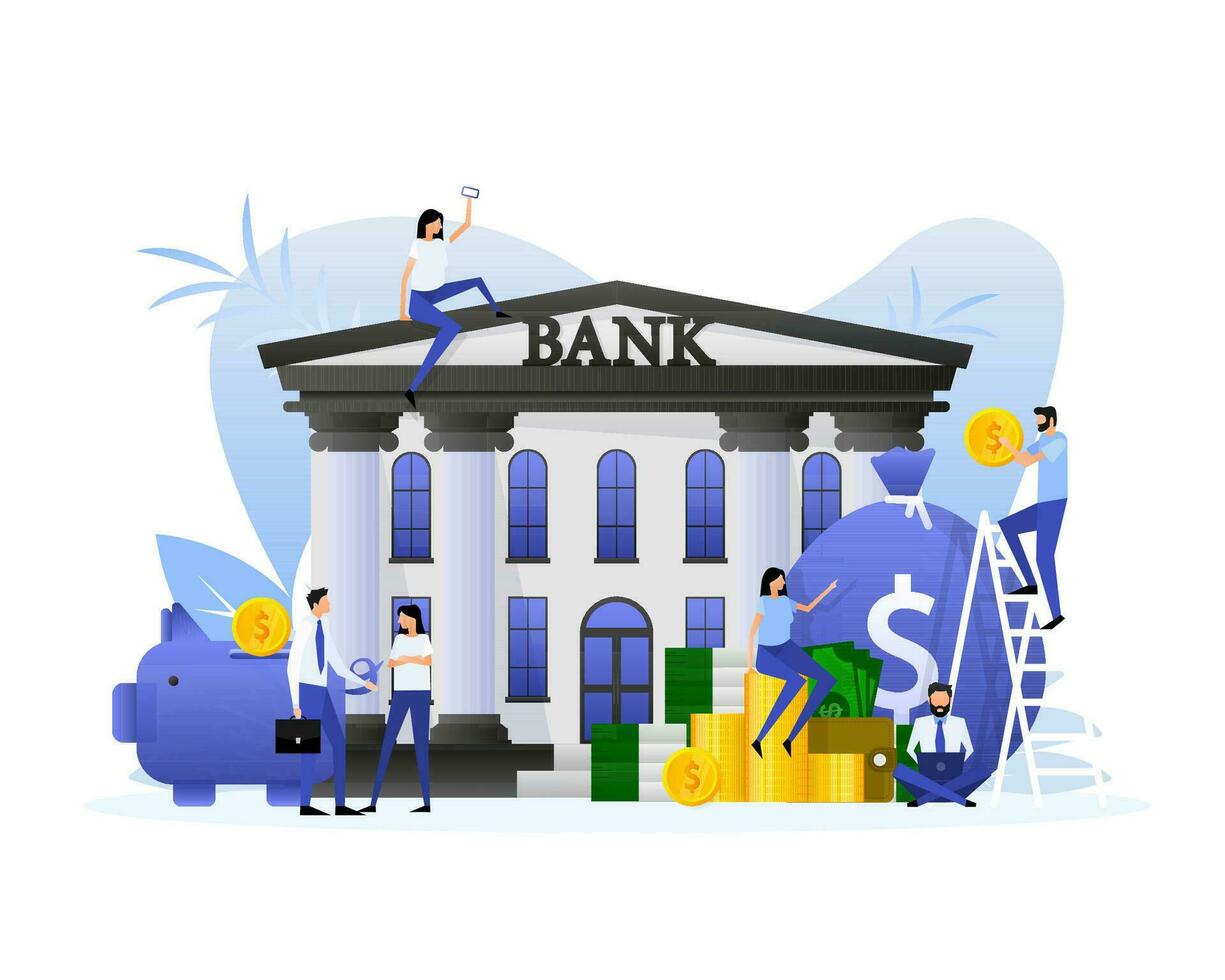 Bank building. Online banking. Money exchange, financial services, ATM. Vector stock illustration.