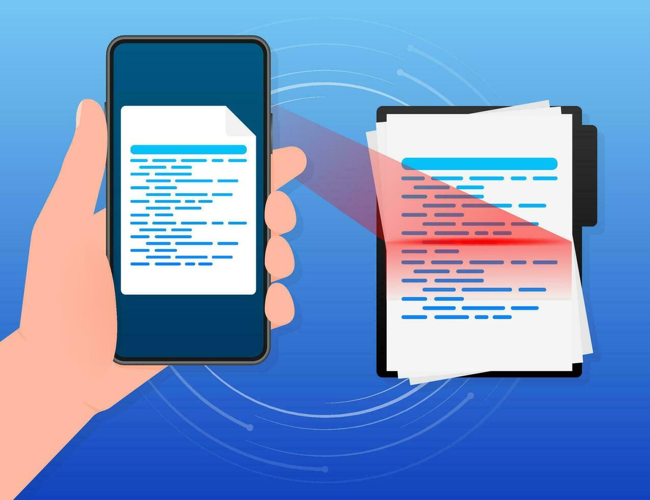 Scan document Smartphone. Text scanner. Mobile phone in hand. vector