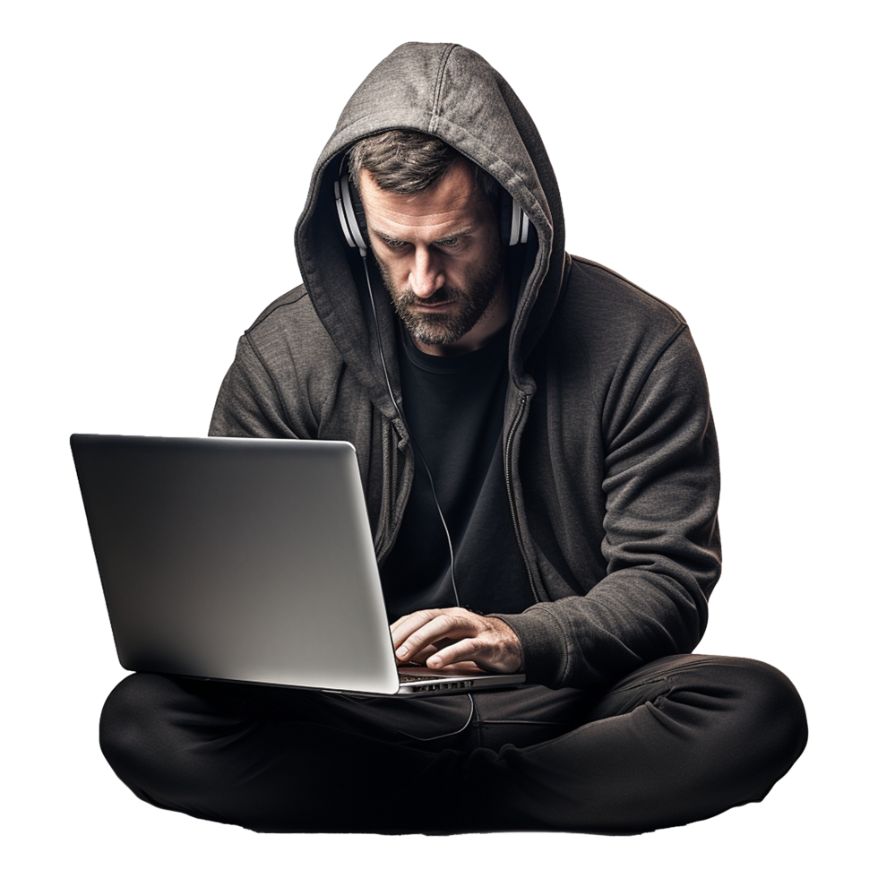 ai generiert Hacker oder ein Mann im Kapuzenpullover mit Laptop isoliert auf transparent Hintergrund png