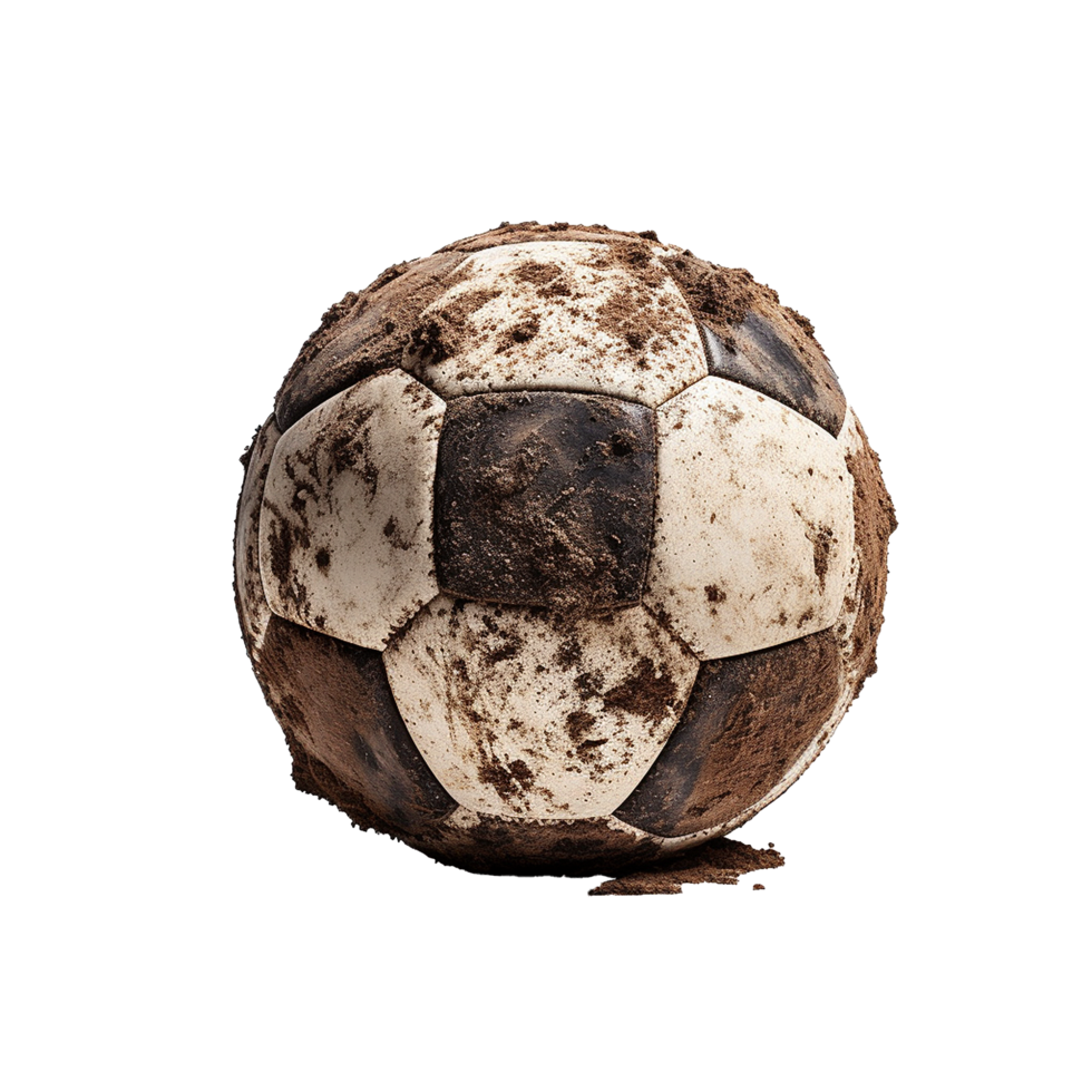 ai gegenereerd voetbal bal gedekt in aarde PNG geïsoleerd Aan transparant achtergrond