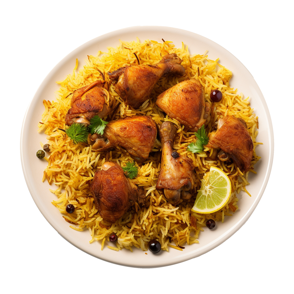 ai generiert ein Teller von Hähnchen Biryani mit Hähnchen und Gewürze auf transparent Hintergrund png