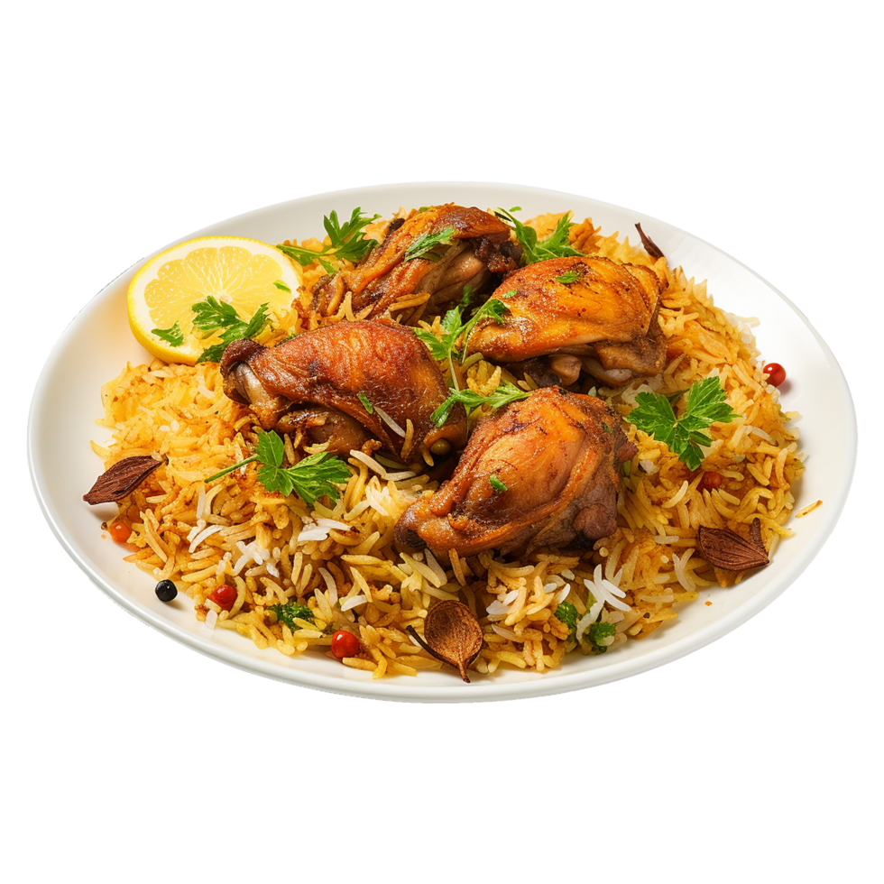 AI generated A plate of chicken biryani with chicken and spices on transparent background png