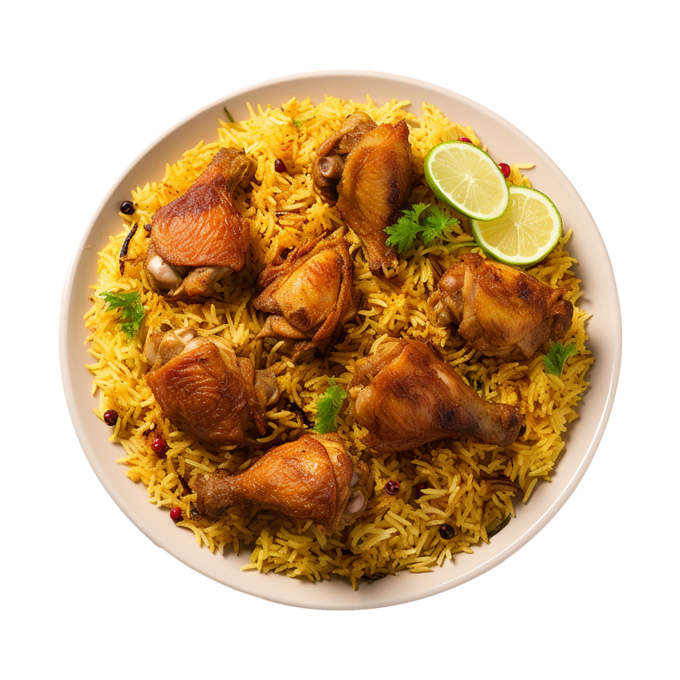 ai generado un plato de pollo Biryani con pollo y especias en transparente antecedentes png