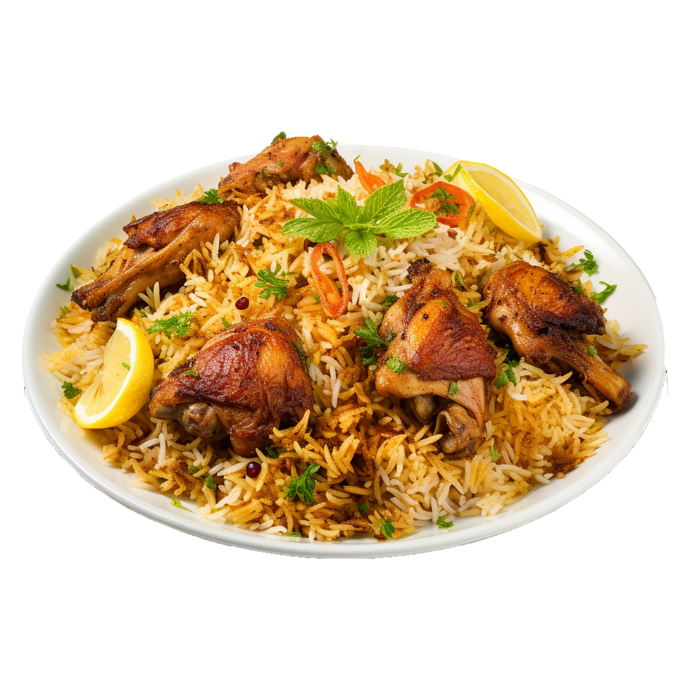 AI generated A plate of chicken biryani with chicken and spices on transparent background png