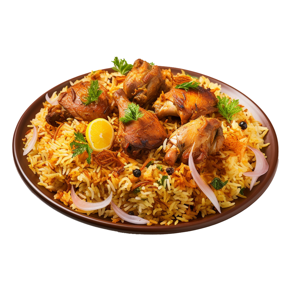 AI generated A plate of chicken biryani with chicken and spices on transparent background png