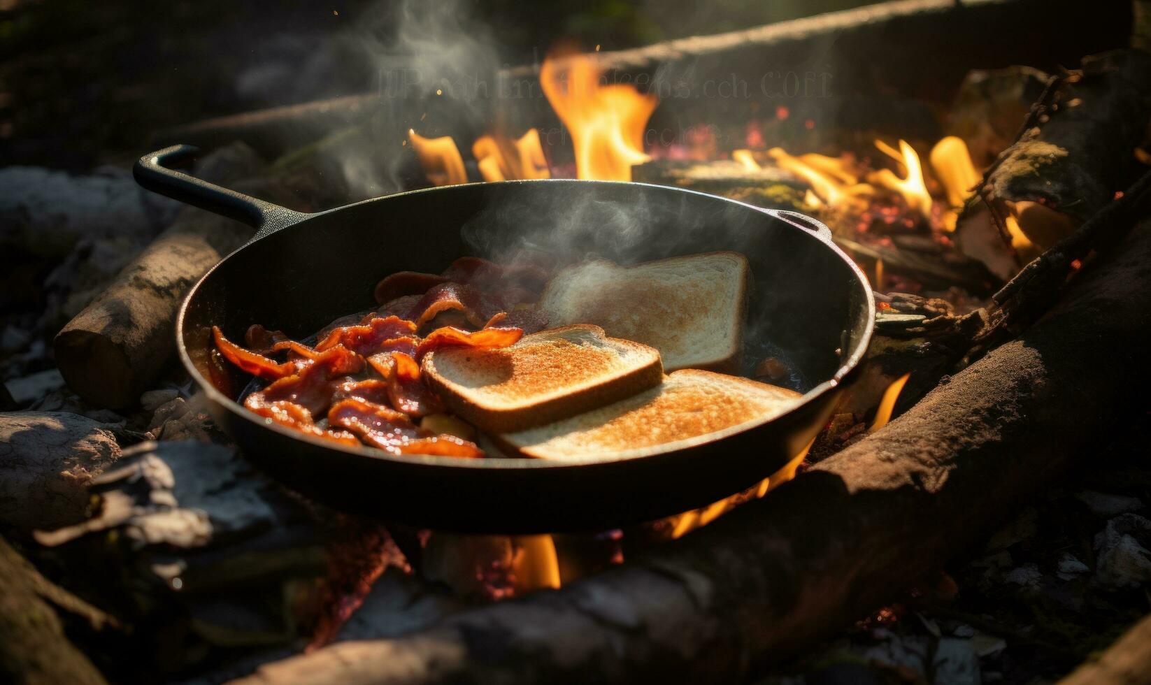 AI generated a pan with bacon in the food and some bread on it photo