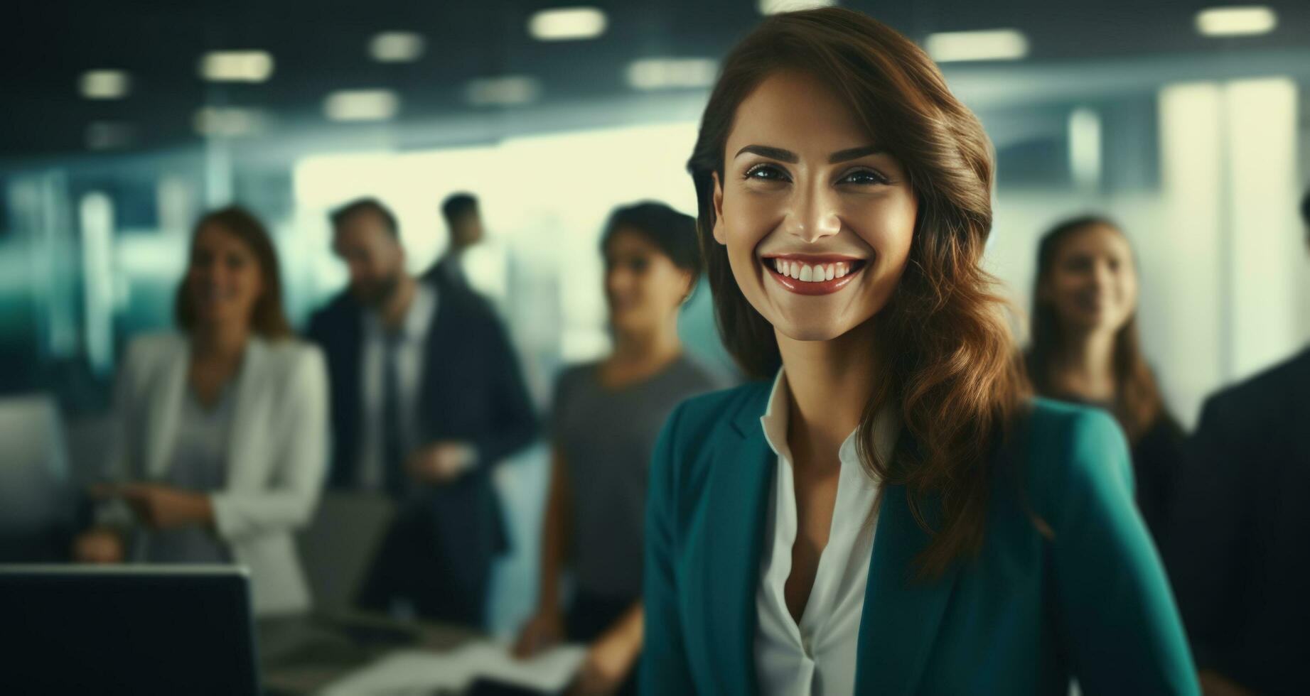 AI generated business woman smiling in office with others around her photo