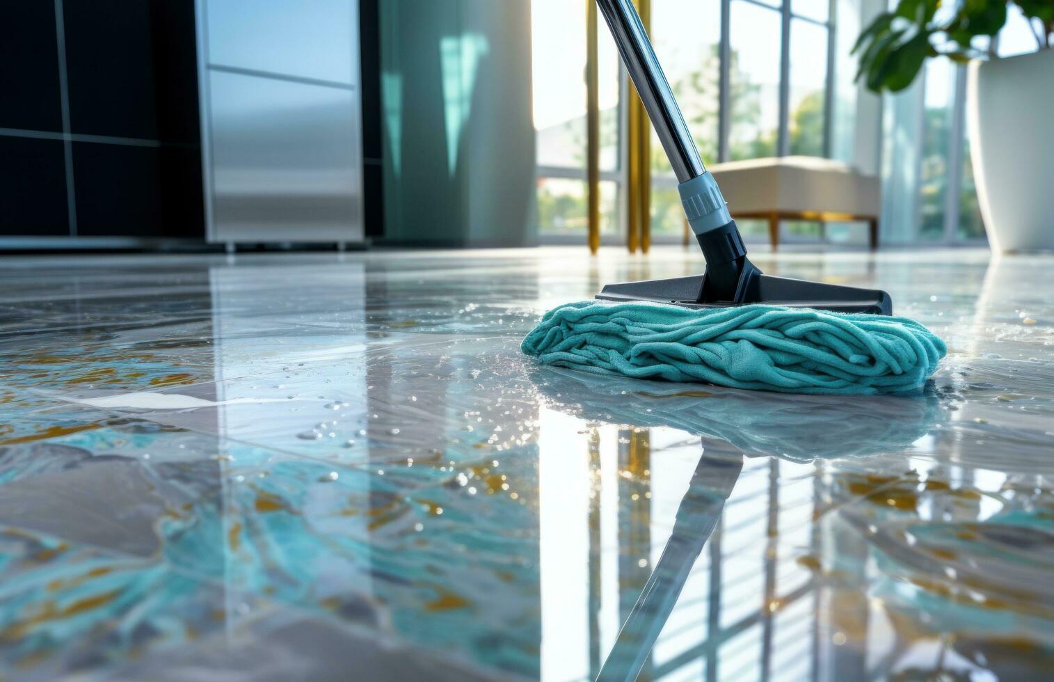 AI generated a mop cleaning the floor outside a home photo