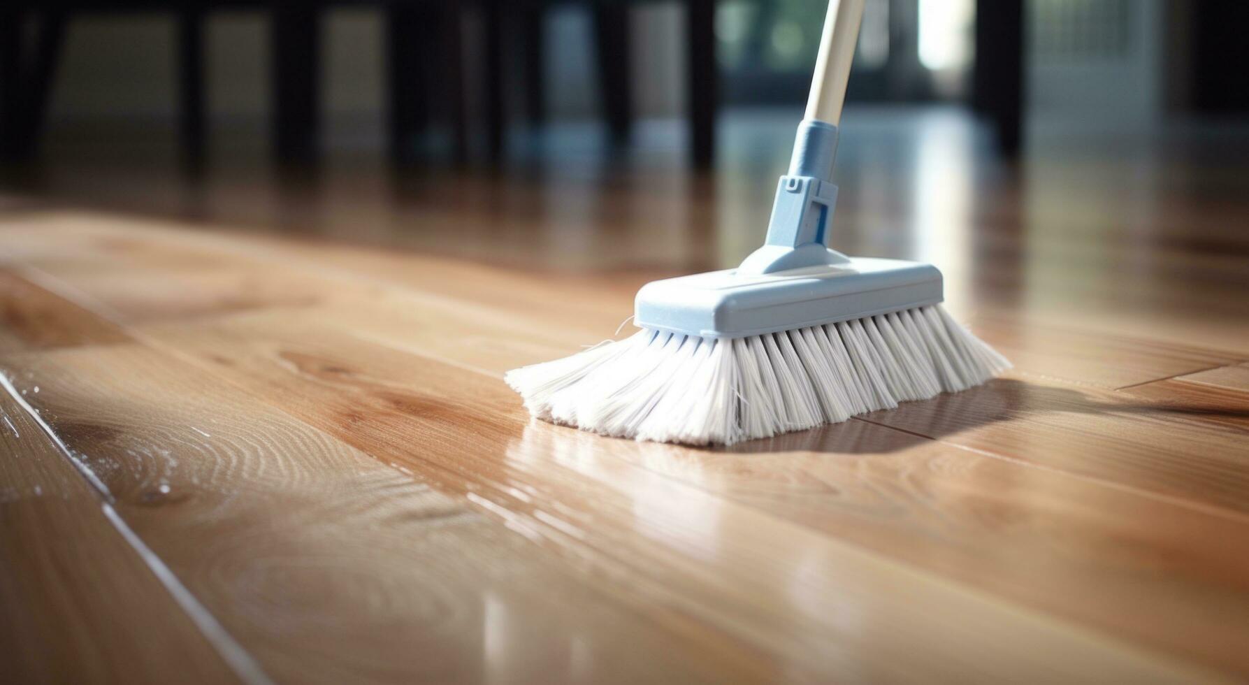 ai generado escoba un madera dura piso con blanco Escoba foto