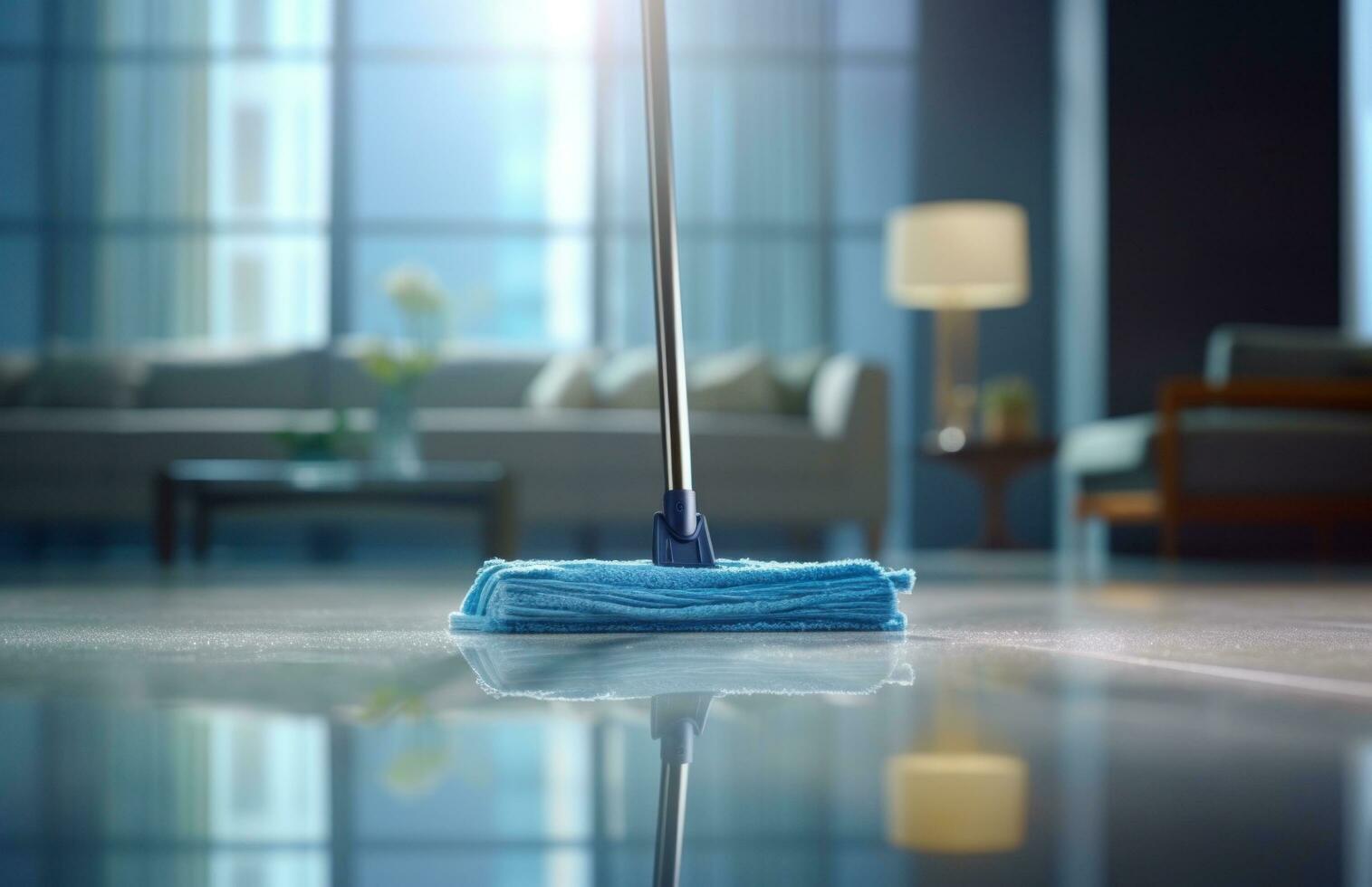 AI generated house cleaning in city with blue mop on top of glass photo