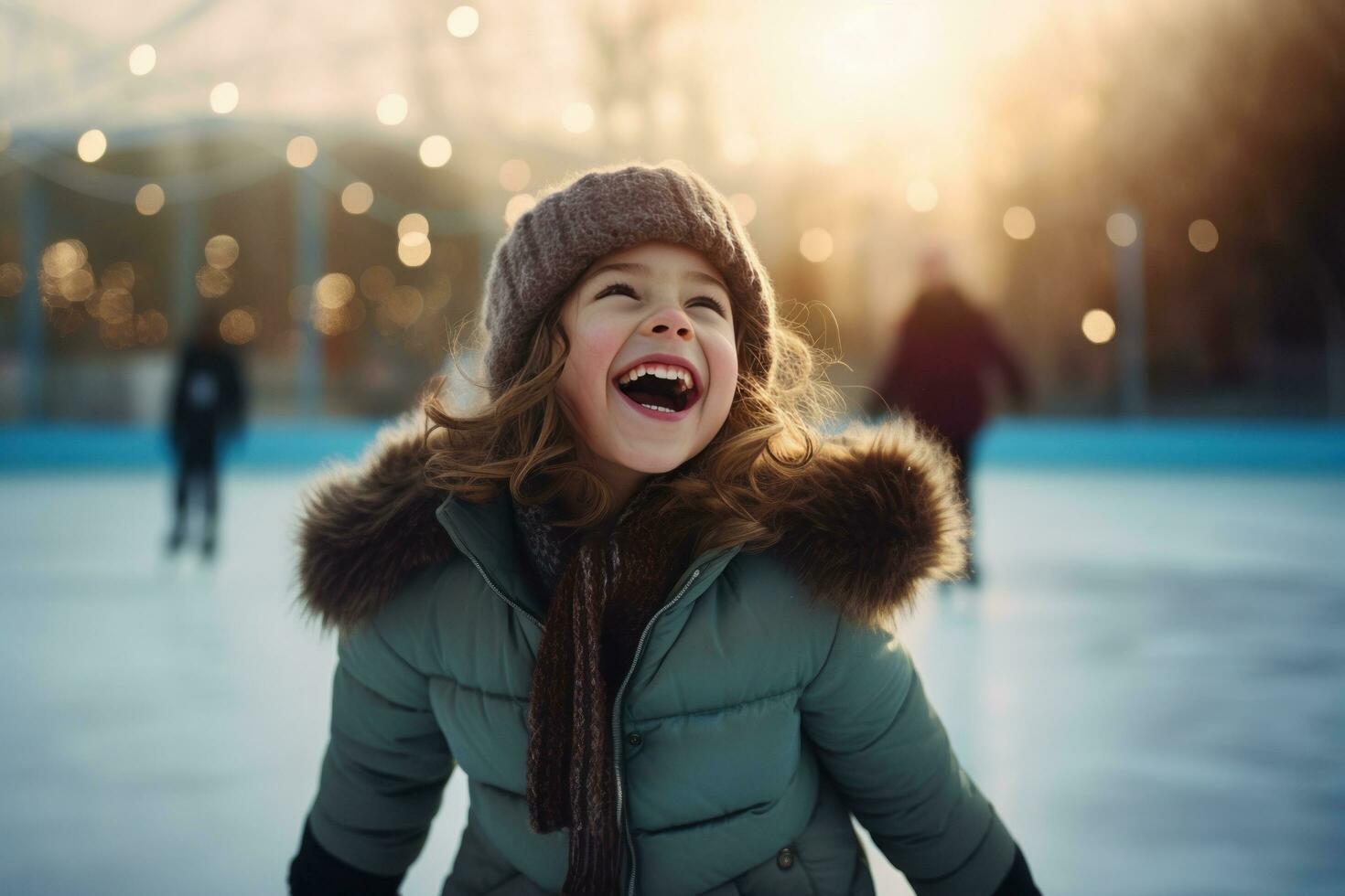 AI generated a young girl is hysterical and enjoying herself on ice rink with her family photo