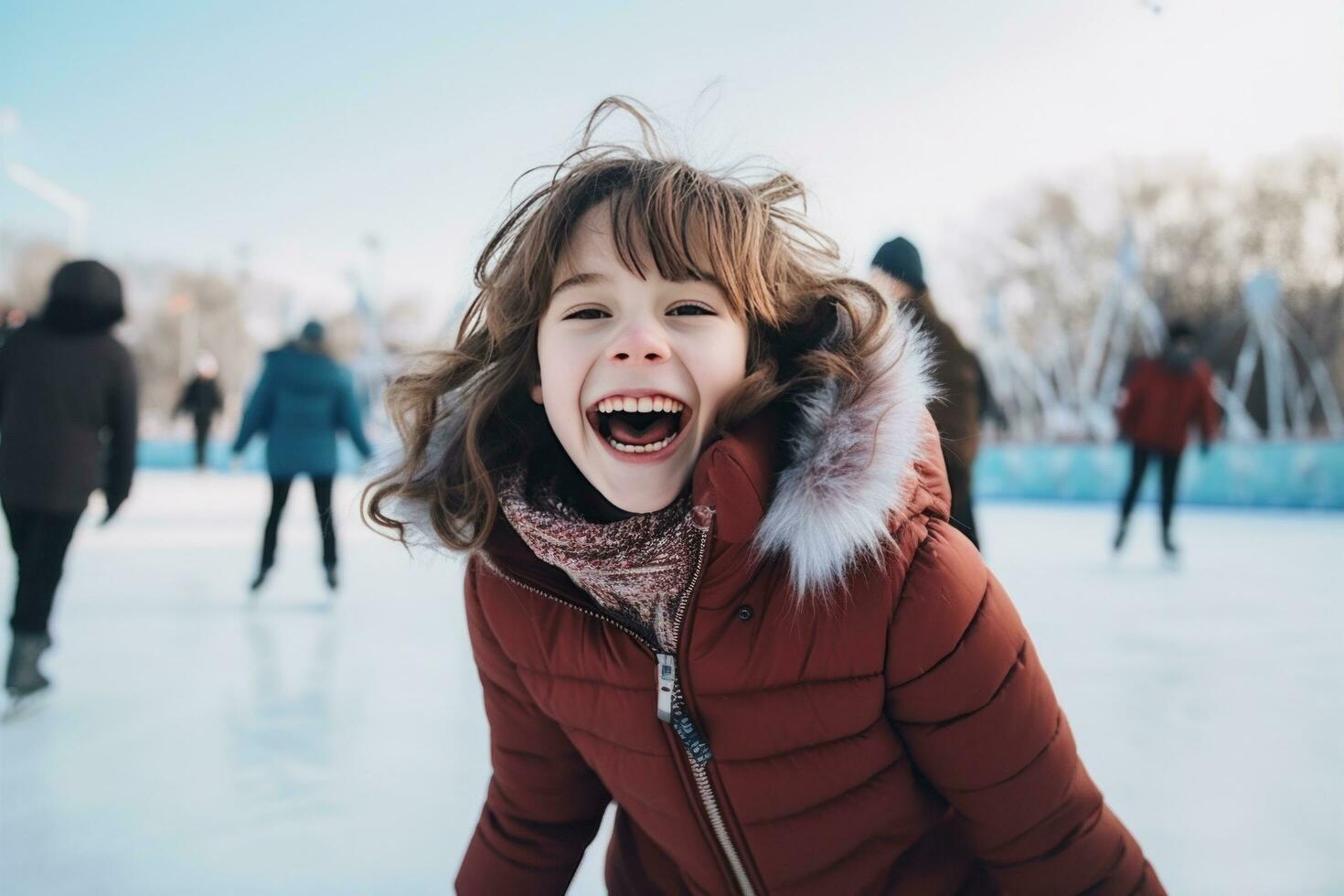 AI generated a young girl is hysterical and enjoying herself on ice rink with her family photo