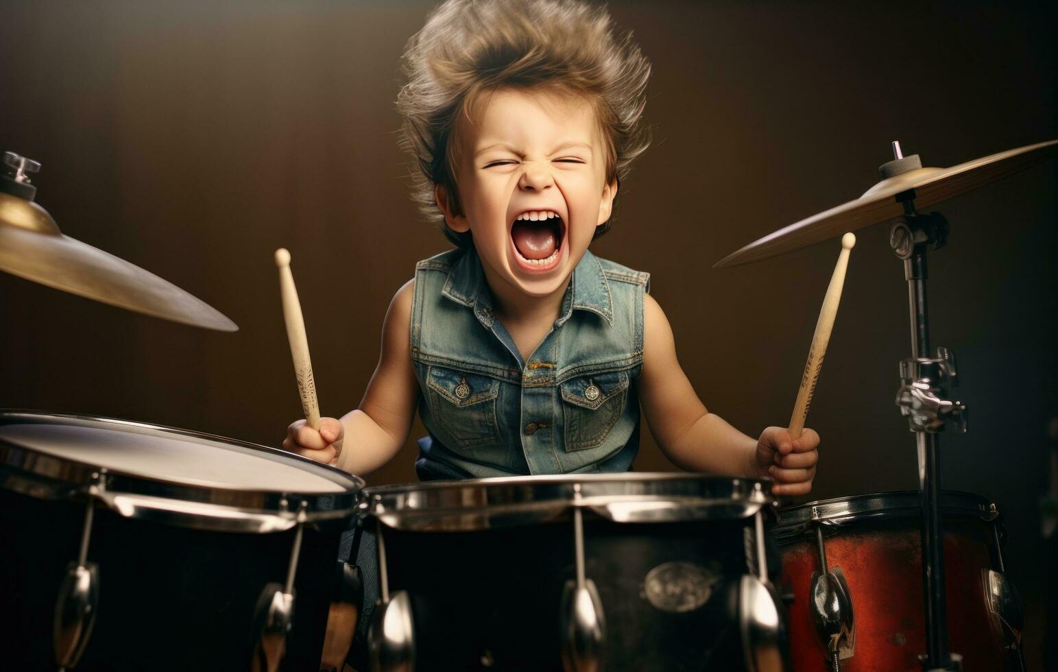 AI generated a little boy wearing a jeans plays the drums photo